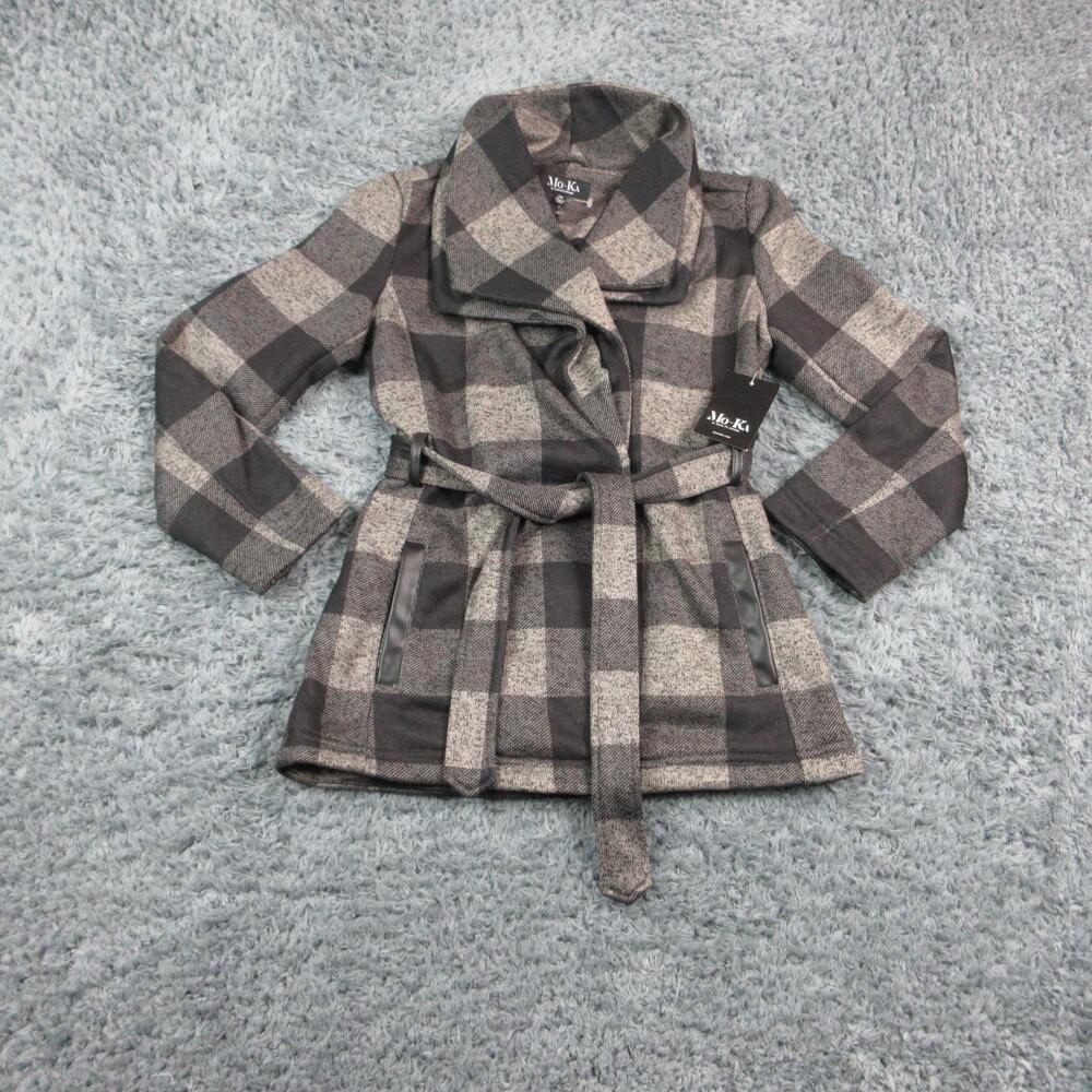 Mo-Ka Coat Womens Petite Medium Black Gray Plaid Twill Belted Trench NWT